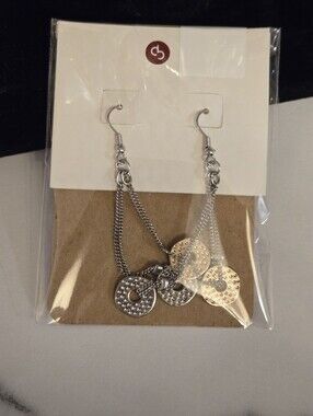 Two-Tone Textured Disk Chain Drop Earrings - Silver & Gold